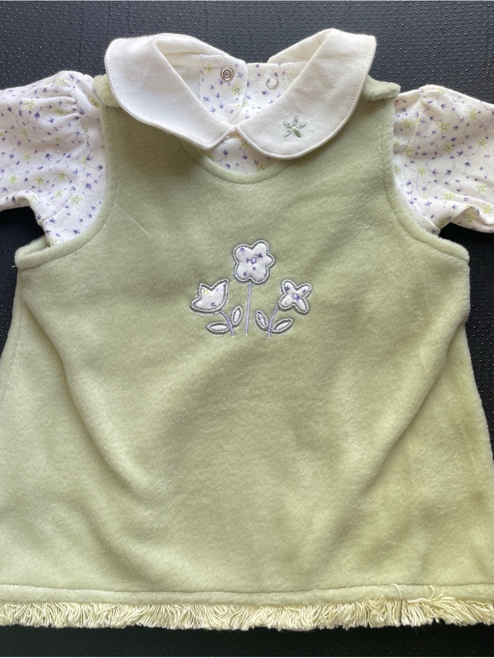 Vintage Soft Green Floral Appliqué Girls' Casual Dress